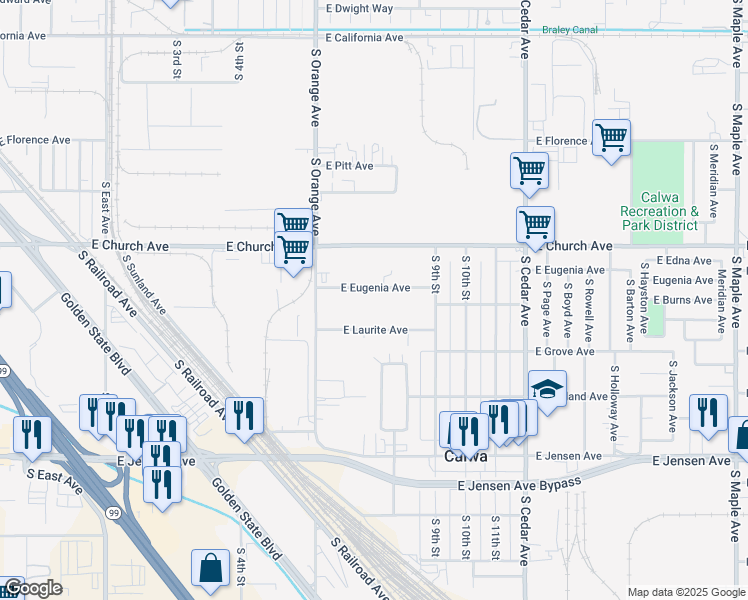 map of restaurants, bars, coffee shops, grocery stores, and more near 3744 East Eugenia Avenue in Fresno