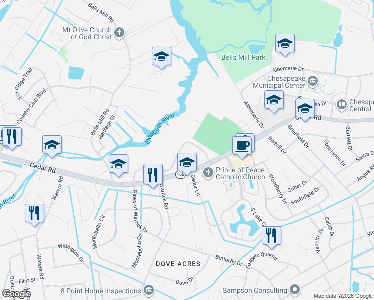 map of restaurants, bars, coffee shops, grocery stores, and more near 610 Mill Landing Road in Chesapeake