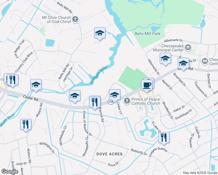 map of restaurants, bars, coffee shops, grocery stores, and more near 610 Mill Landing Road in Chesapeake