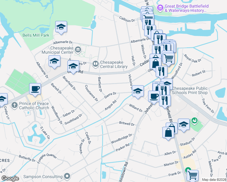 map of restaurants, bars, coffee shops, grocery stores, and more near 228 Sierra Drive in Chesapeake
