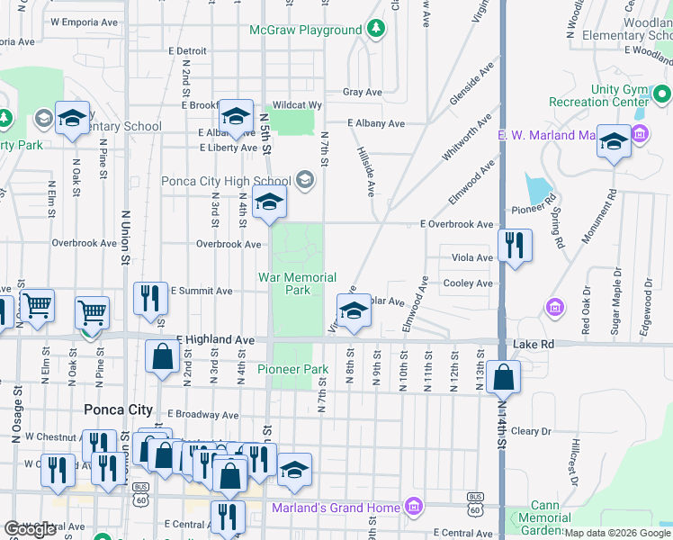 map of restaurants, bars, coffee shops, grocery stores, and more near 723 North 7th Street in Ponca City