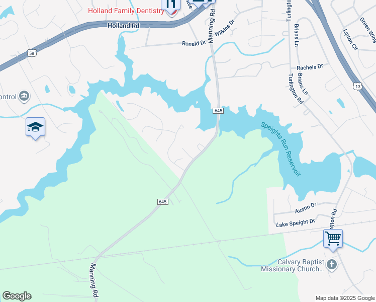 map of restaurants, bars, coffee shops, grocery stores, and more near 493 Manning Road in Suffolk