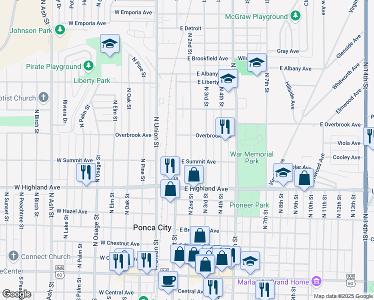 map of restaurants, bars, coffee shops, grocery stores, and more near 821 North 1st Street in Ponca City