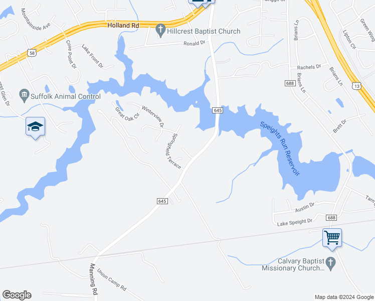 map of restaurants, bars, coffee shops, grocery stores, and more near 493 Manning Road in Suffolk