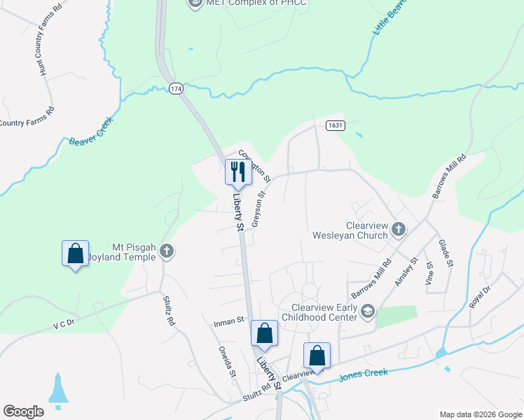 map of restaurants, bars, coffee shops, grocery stores, and more near 118 Greyson Street in Martinsville