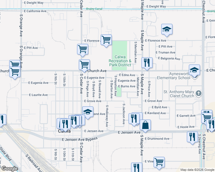map of restaurants, bars, coffee shops, grocery stores, and more near 2445 South Holloway Avenue in Fresno