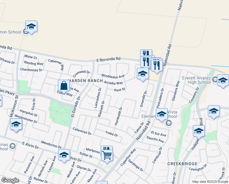 map of restaurants, bars, coffee shops, grocery stores, and more near 520 Kent Street in Salinas
