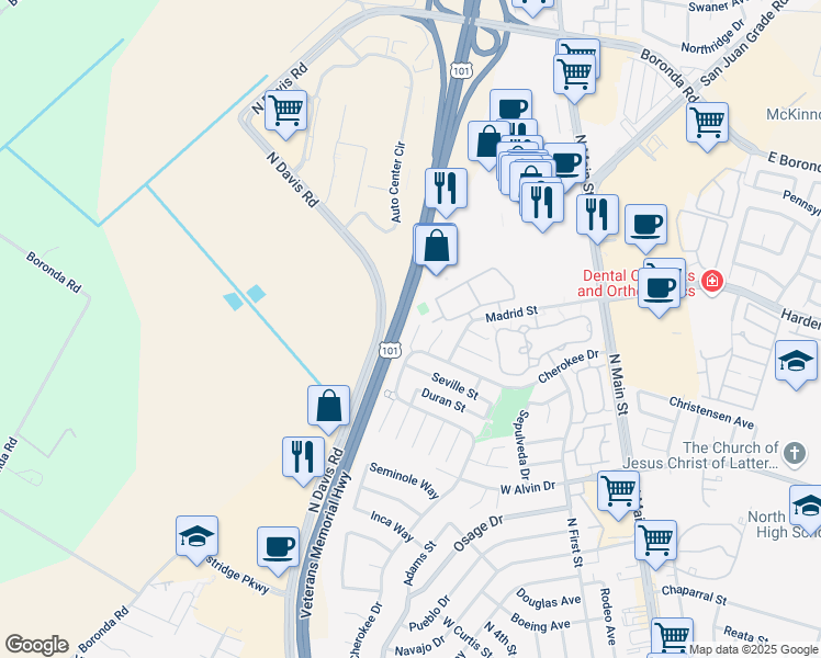 map of restaurants, bars, coffee shops, grocery stores, and more near 1629 Cadiz Circle in Salinas