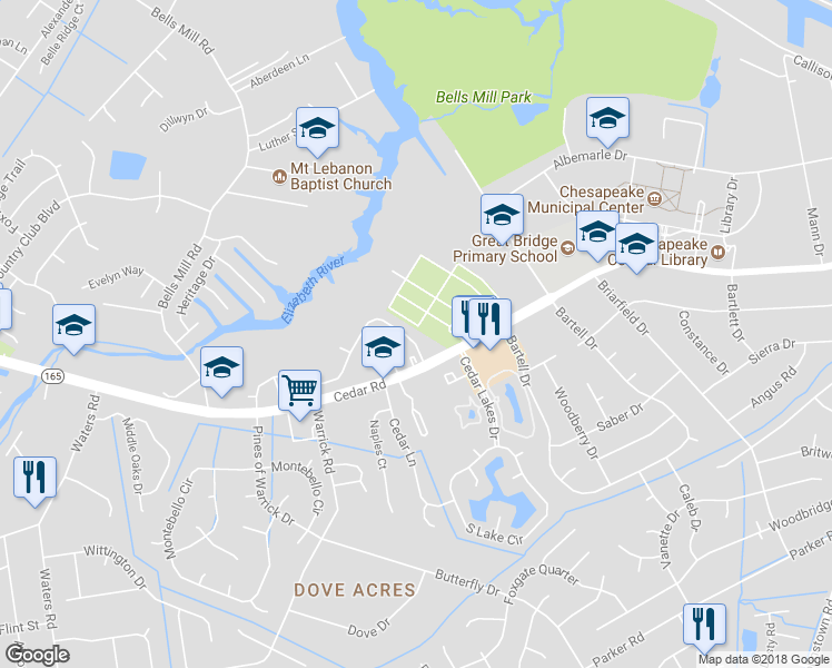 map of restaurants, bars, coffee shops, grocery stores, and more near 530 Mill Landing Road in Chesapeake