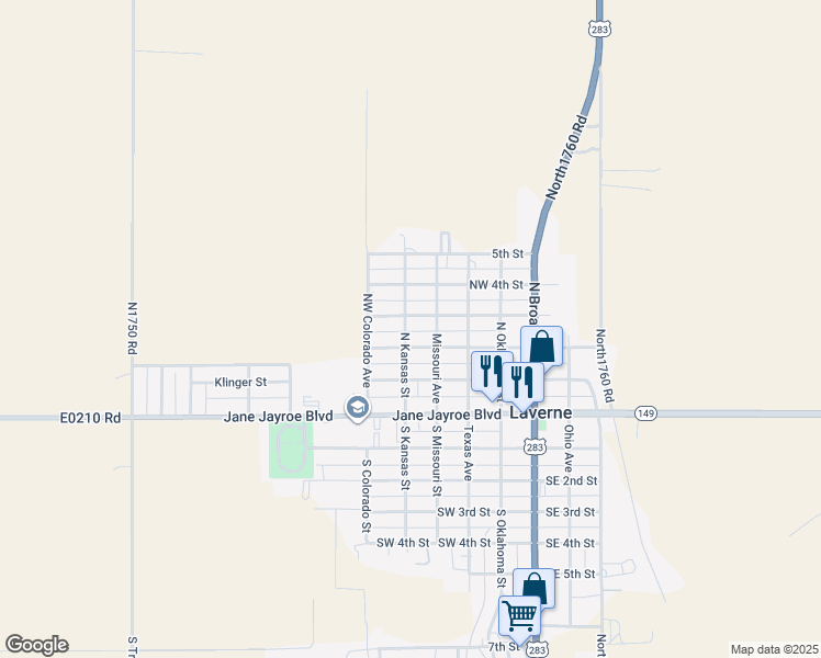 map of restaurants, bars, coffee shops, grocery stores, and more near 315 Kansas Avenue in Laverne