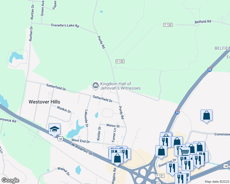 map of restaurants, bars, coffee shops, grocery stores, and more near 257 Purdy Road in Emporia