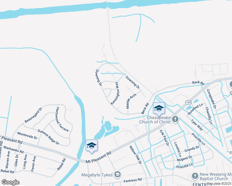 map of restaurants, bars, coffee shops, grocery stores, and more near 240 Kensington Way in Chesapeake