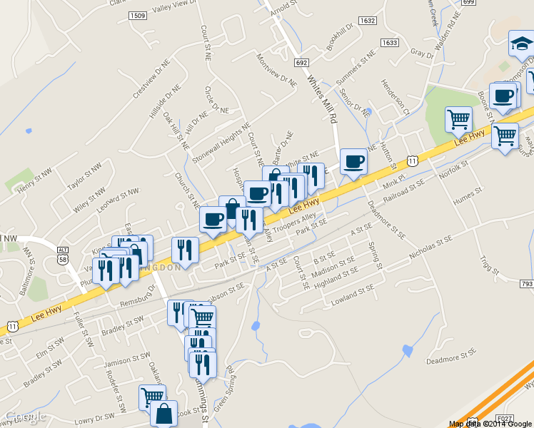 map of restaurants, bars, coffee shops, grocery stores, and more near 179 E Main St in Abingdon