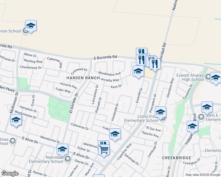 map of restaurants, bars, coffee shops, grocery stores, and more near 520 Kent Street in Salinas