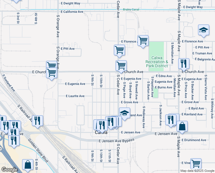 map of restaurants, bars, coffee shops, grocery stores, and more near 2445 South 10th Street in Fresno
