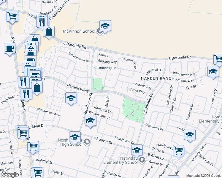 map of restaurants, bars, coffee shops, grocery stores, and more near 1705 Merlot Way in Salinas