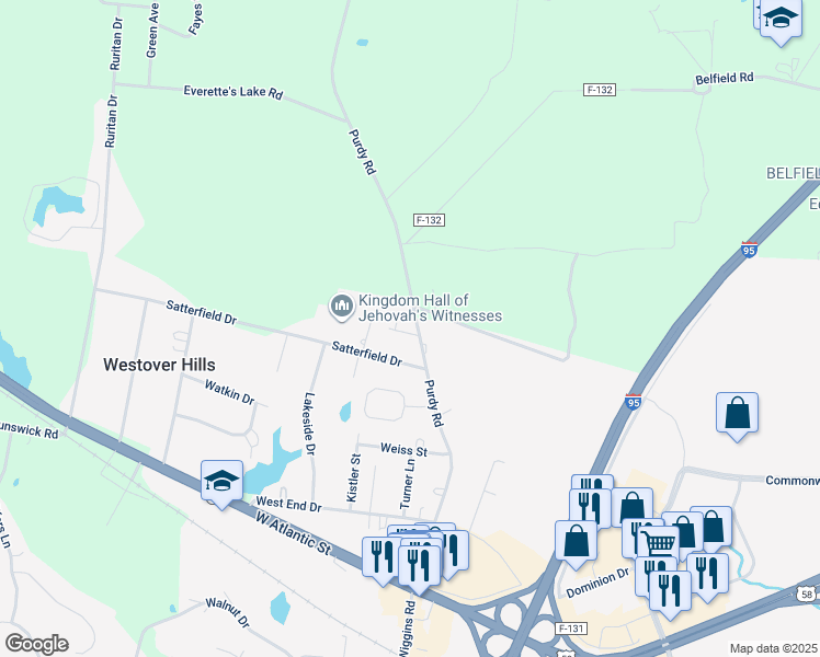 map of restaurants, bars, coffee shops, grocery stores, and more near 257 Purdy Road in Emporia