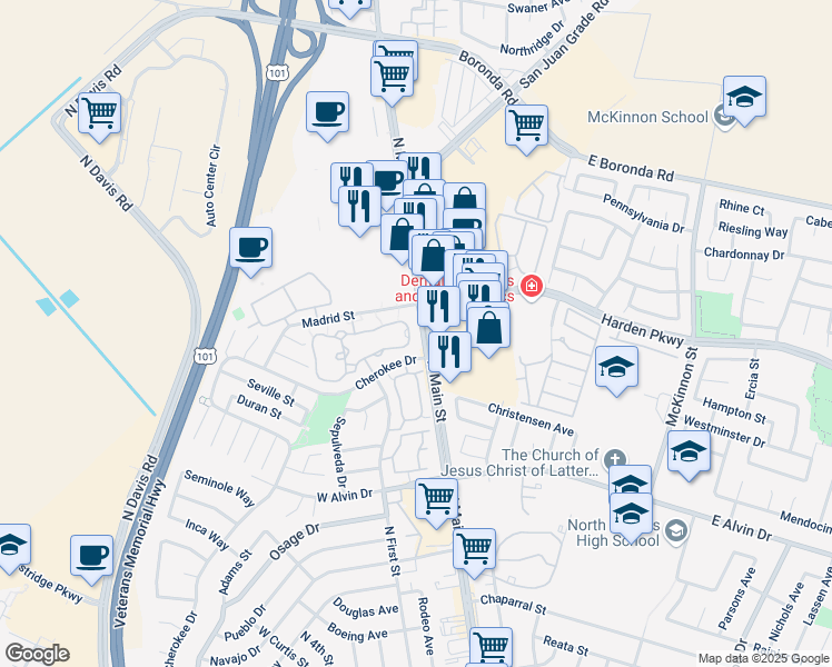 map of restaurants, bars, coffee shops, grocery stores, and more near 1807 Cherokee Drive in Salinas
