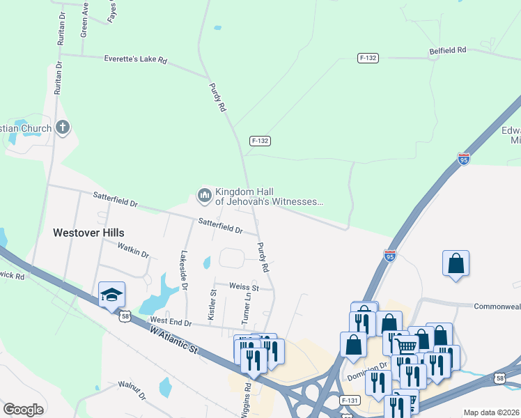 map of restaurants, bars, coffee shops, grocery stores, and more near Purdy Road in Emporia
