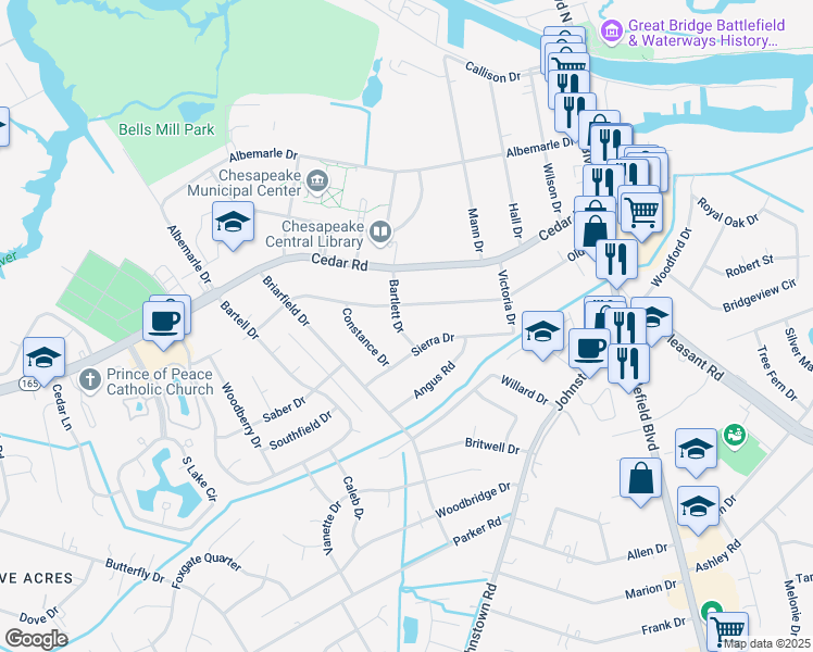 map of restaurants, bars, coffee shops, grocery stores, and more near 309 Bartlett Drive in Chesapeake