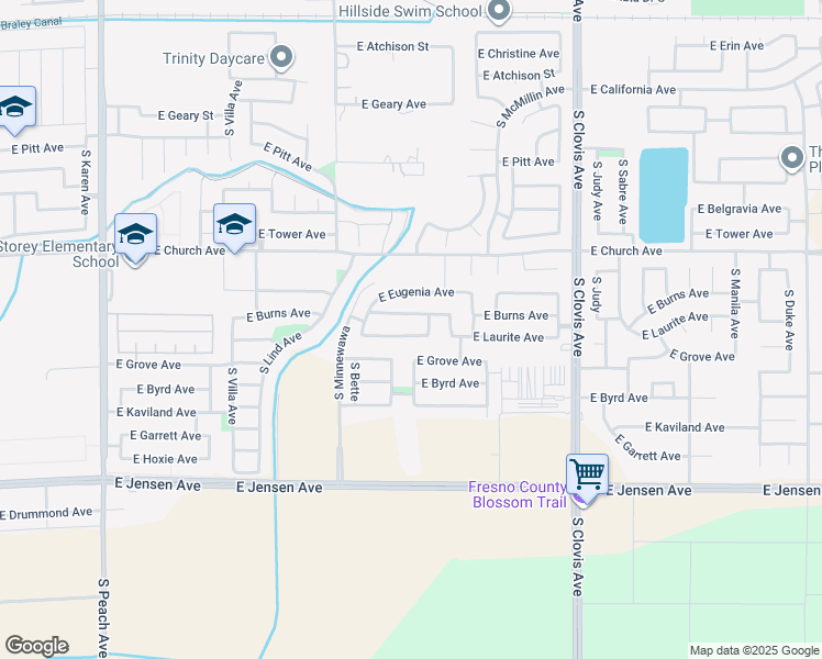 map of restaurants, bars, coffee shops, grocery stores, and more near 2466 Evelyn Avenue in Fresno