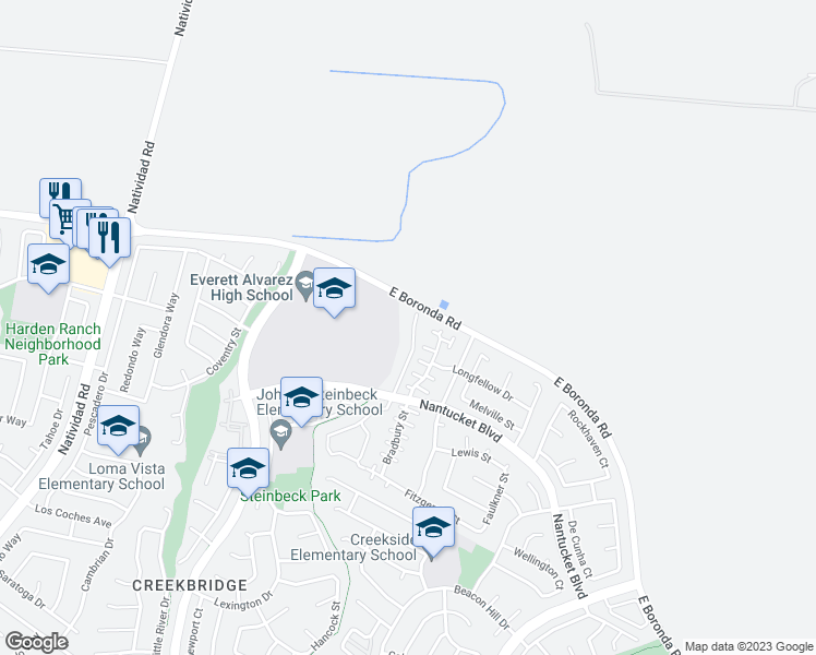 map of restaurants, bars, coffee shops, grocery stores, and more near 949 Nantucket Boulevard in Salinas