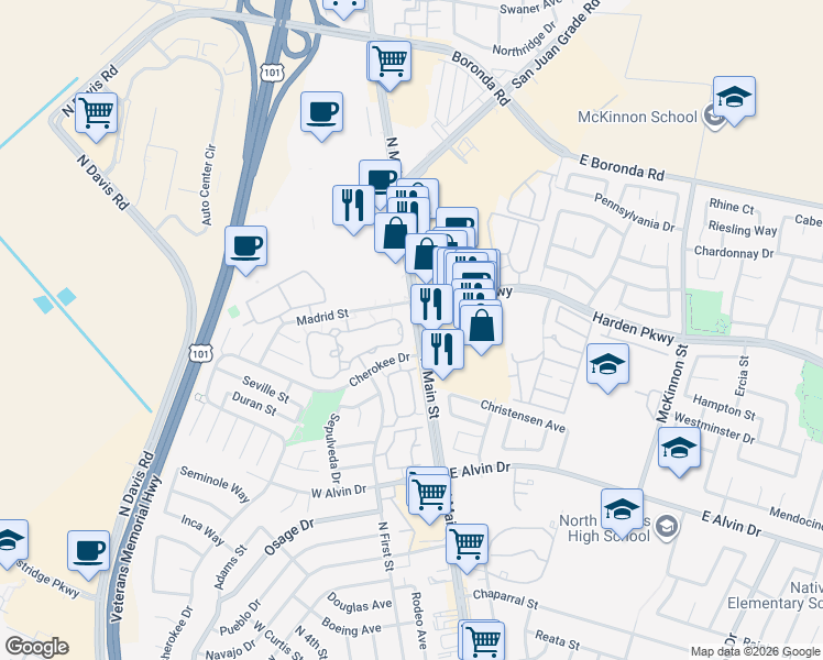 map of restaurants, bars, coffee shops, grocery stores, and more near 1807 Cherokee Drive in Salinas