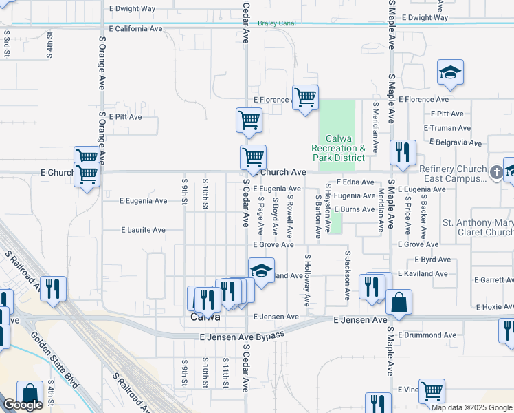 map of restaurants, bars, coffee shops, grocery stores, and more near 2446 South Page Avenue in Fresno