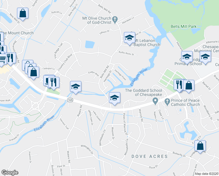 map of restaurants, bars, coffee shops, grocery stores, and more near 705 Seabrooke Lane in Chesapeake