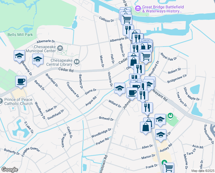 map of restaurants, bars, coffee shops, grocery stores, and more near 204 Sierra Drive in Chesapeake