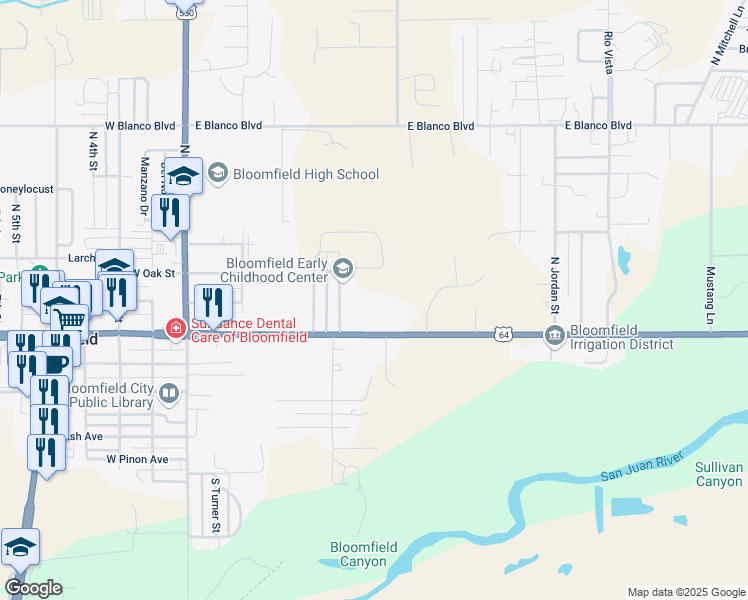 map of restaurants, bars, coffee shops, grocery stores, and more near 660 East Broadway Avenue in Bloomfield
