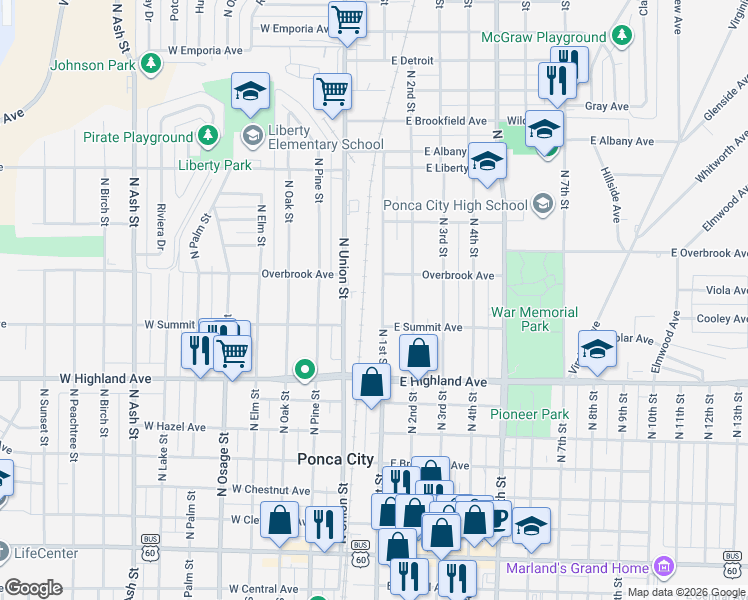 map of restaurants, bars, coffee shops, grocery stores, and more near 813 North Union Street in Ponca City