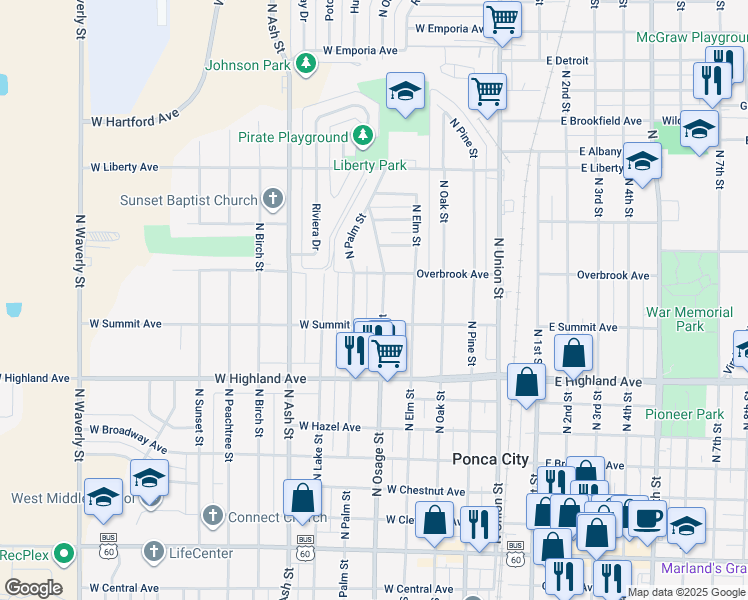 map of restaurants, bars, coffee shops, grocery stores, and more near 822 North Osage Street in Ponca City