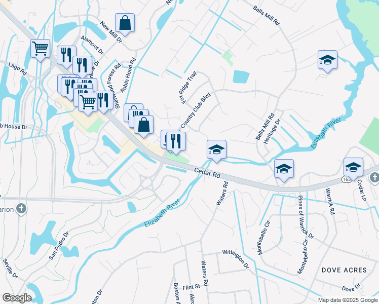 map of restaurants, bars, coffee shops, grocery stores, and more near 804 Sagebrook Run in Chesapeake