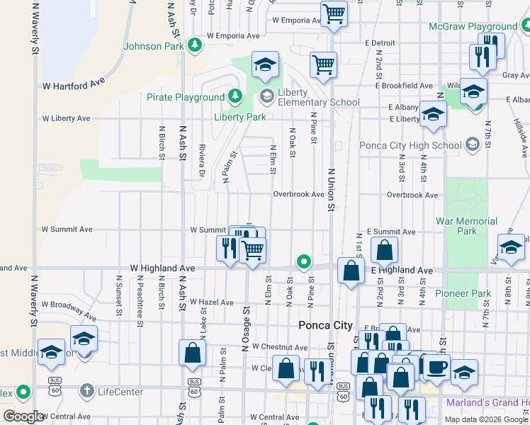 map of restaurants, bars, coffee shops, grocery stores, and more near 820 North Elm Street in Ponca City