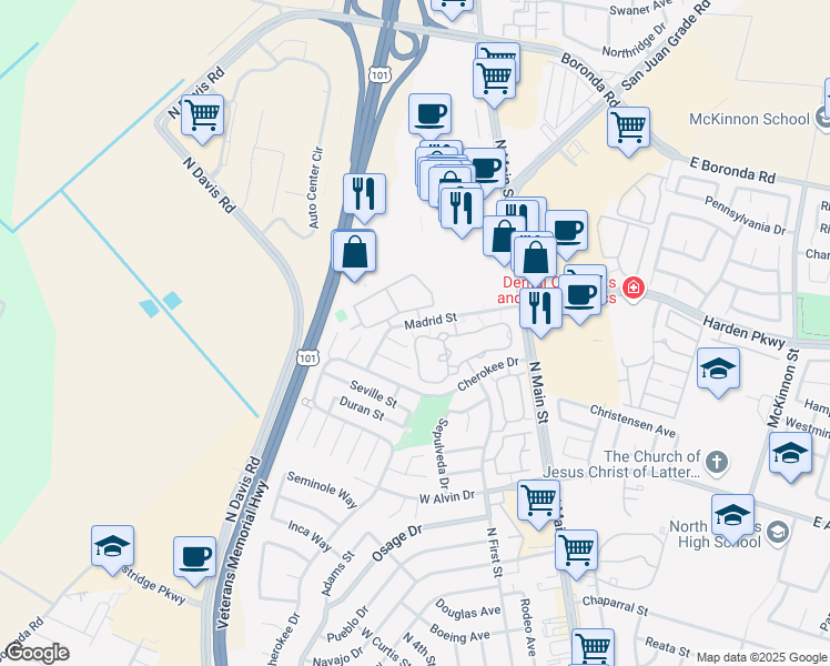 map of restaurants, bars, coffee shops, grocery stores, and more near 1851 Cherokee Drive in Salinas