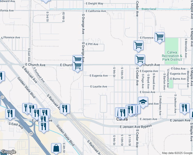 map of restaurants, bars, coffee shops, grocery stores, and more near 3744 East Eugenia Avenue in Fresno