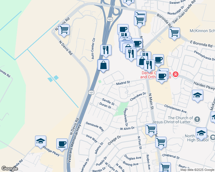 map of restaurants, bars, coffee shops, grocery stores, and more near 1640 Cuevas Circle in Salinas