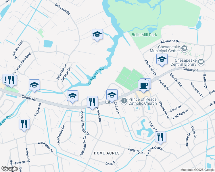 map of restaurants, bars, coffee shops, grocery stores, and more near 610 Mill Landing Road in Chesapeake
