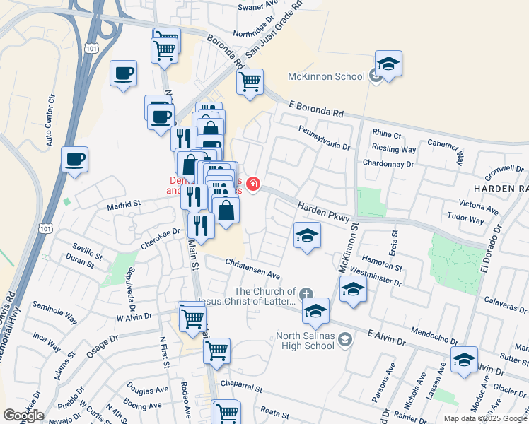 map of restaurants, bars, coffee shops, grocery stores, and more near 290 Regency Circle in Salinas