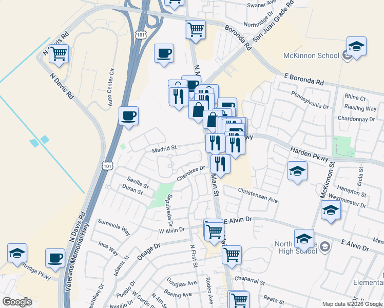 map of restaurants, bars, coffee shops, grocery stores, and more near 1827 Cherokee Drive in Salinas