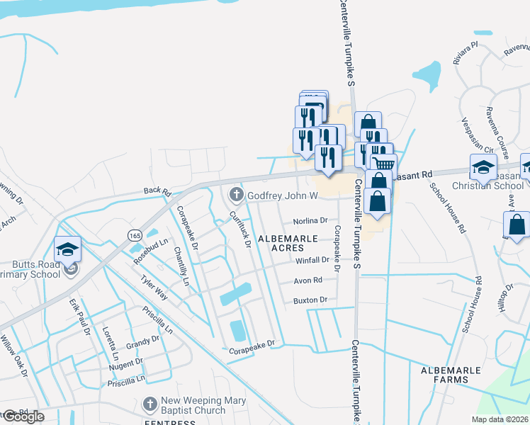 map of restaurants, bars, coffee shops, grocery stores, and more near 417 Fairfield Dr in Chesapeake