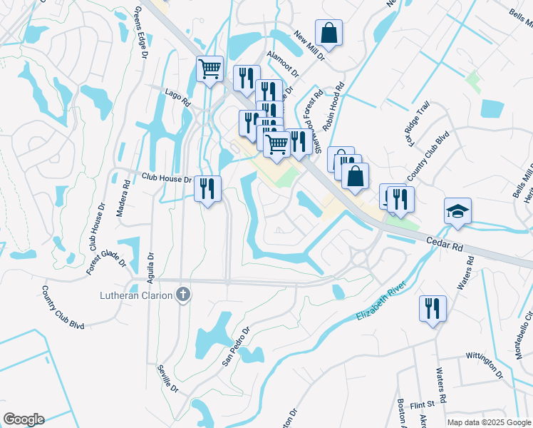 map of restaurants, bars, coffee shops, grocery stores, and more near 520 Cedar Commons in Chesapeake