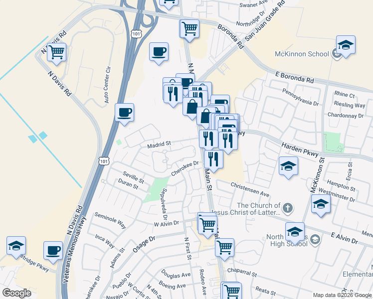 map of restaurants, bars, coffee shops, grocery stores, and more near 1823 Cherokee Drive in Salinas