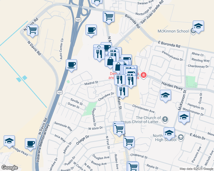 map of restaurants, bars, coffee shops, grocery stores, and more near 1827 Cherokee Drive in Salinas