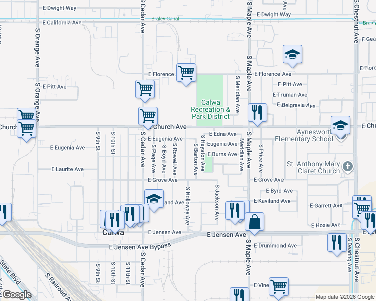 map of restaurants, bars, coffee shops, grocery stores, and more near 2445 South Holloway Avenue in Fresno