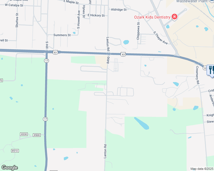 map of restaurants, bars, coffee shops, grocery stores, and more near 1105 Lanton Road in West Plains
