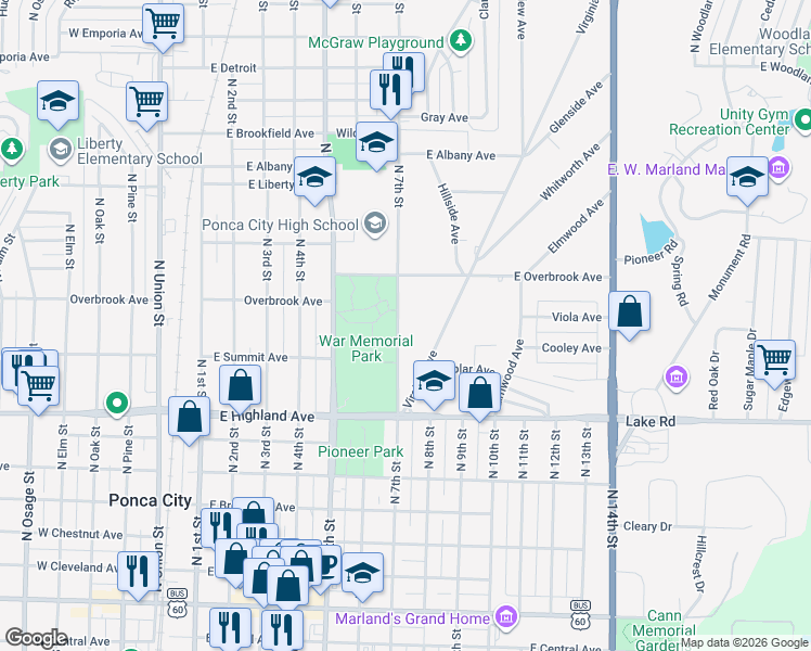 map of restaurants, bars, coffee shops, grocery stores, and more near 723 North 7th Street in Ponca City