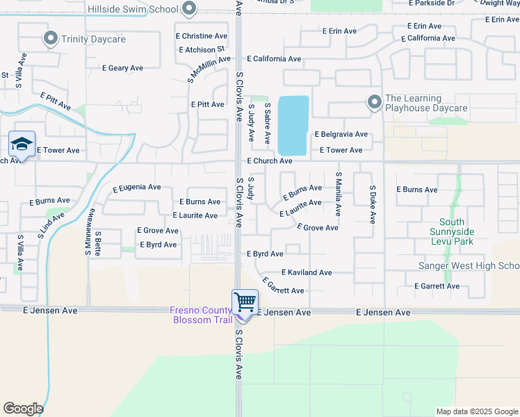 map of restaurants, bars, coffee shops, grocery stores, and more near 5626 Burns Avenue in Fresno