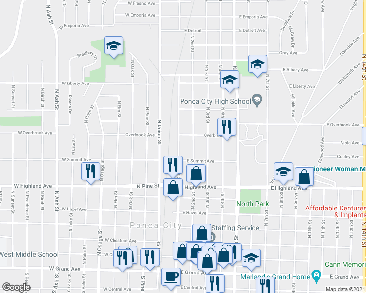map of restaurants, bars, coffee shops, grocery stores, and more near 821 N 1st St in Ponca City